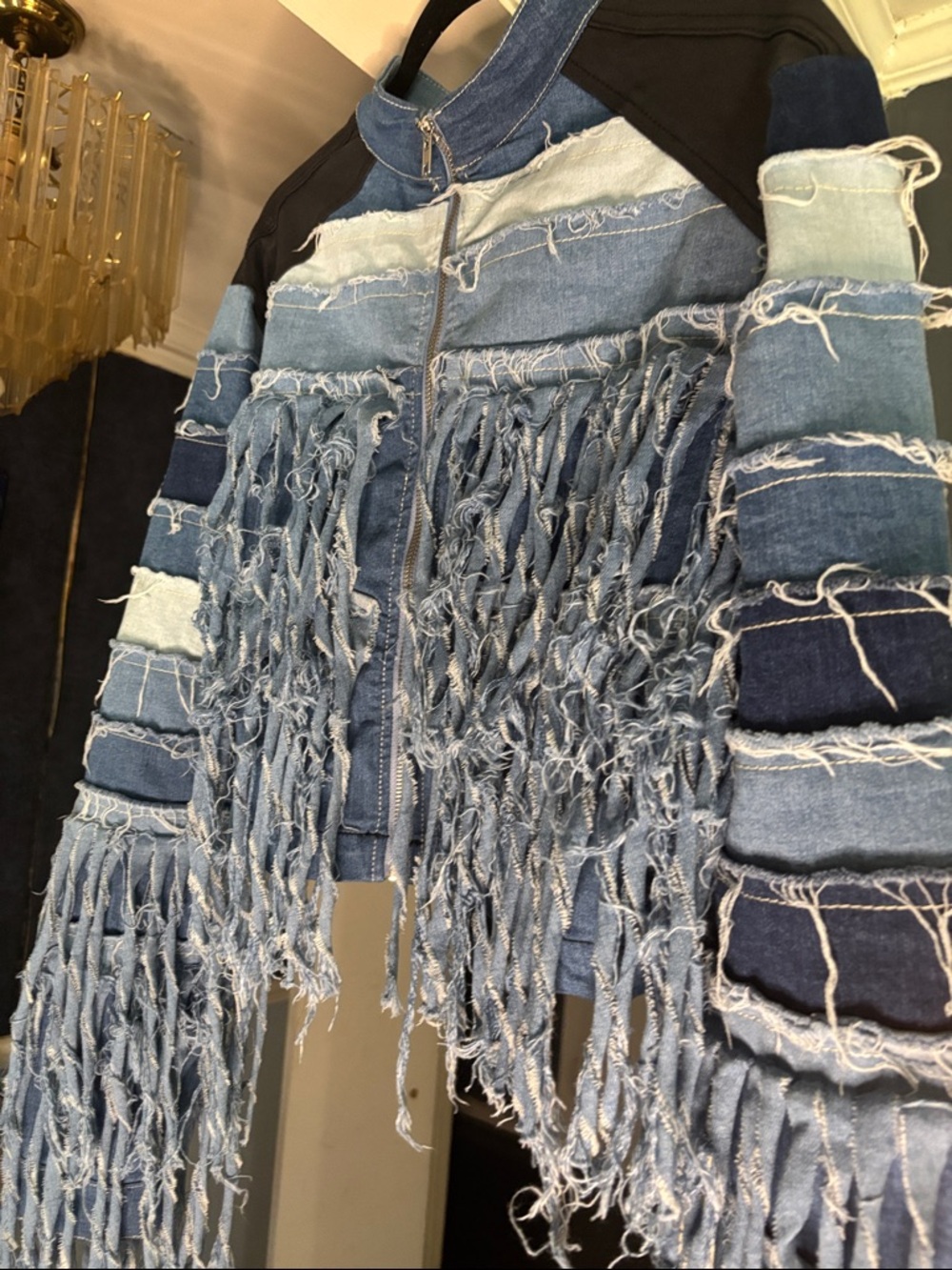 Fringed Patchwork Blue Denim Jean Jacket